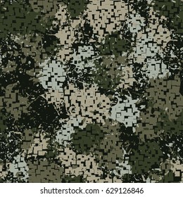 Seamless pattern. The pixel pattern in the foreground. Colorful blots in the background. Fashionable camouflage. Black, beige, khaki tones.