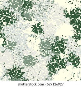 Seamless pattern. The pixel pattern in the foreground. Colorful blots in the background. Fashionable camouflage. Pale yellow, gray, green tones.