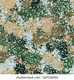 Seamless pattern. The pixel pattern in the foreground. Colorful blots in the background. Fashionable camouflage. Beige, brown, light blue, green tones.