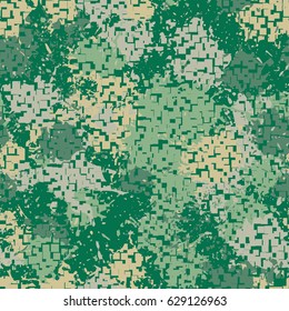 Seamless pattern. The pixel pattern in the foreground. Colorful blots in the background. Fashionable camouflage. Yellow-gray, gray-green, green tones.