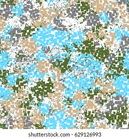 Seamless pattern. The pixel pattern in the foreground. Colorful blots in the background. Fashionable camouflage. White, blue, beige, green, gray.