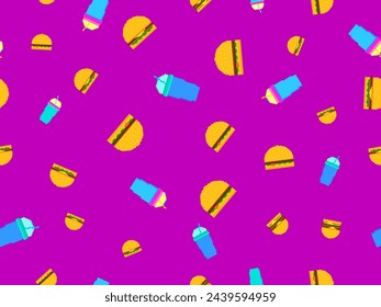 Seamless pattern with pixel hamburgers and soda. Paper cups with carbonated drinks. Cheeseburgers, hamburgers and carbonated soft drinks in pixel art style. Plastic and paper cup. Vector illustration