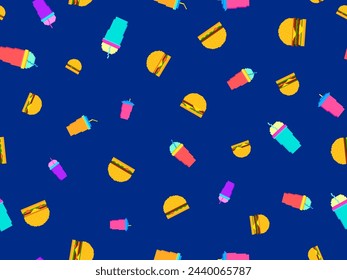 Seamless pattern with pixel hamburgers and soda. Paper cups with carbonated drinks. Cheeseburgers, hamburgers and carbonated soft drinks in pixel art style. Plastic and paper cup. Vector illustration