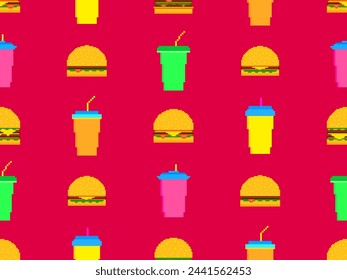 Seamless pattern with pixel hamburgers and soda. Paper cups with carbonated drinks. Cheeseburgers, hamburgers and carbonated soft drinks in pixel art style. Plastic and paper cup. Vector illustration