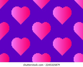 Seamless pattern with pixel hearts and gradient colors. Happy Valentine's Day. 8-bit hearts in retro video game style. Design for print, wrapping paper and promotional items. Vector illustration