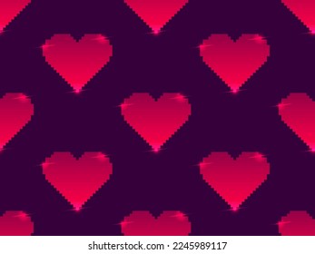 Seamless pattern with pixel hearts and gradient colors. Happy Valentine's Day. 8-bit hearts in retro video game style. Design for print, wrapping paper and promotional items. Vector illustration