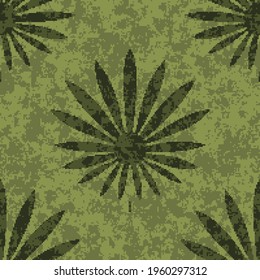 Patrón sin foco. Las hojas de Pixel sobre un fondo de camuflaje verde. Editable.