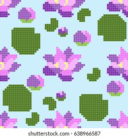 Seamless pattern with pixel lotus flower, vector illustration