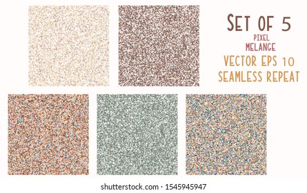 Seamless Pattern Pixel Melange Marl Texture Blend. Muted Earth Dye Tones in Dense Pixelated Noise Style. Micro Mosaic Summer Background. Vector Textile Swatch EPS 10 Set of 5 Collection