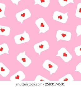 Seamless pattern with a pixel message bubble with heart on a pink background. Hand drawn vector illustration for textiles, wallpapers and wrapping paper.