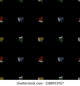 Seamless pattern with pixel mittens on a black background. Vector illustration for New Year and Christmas. Winter background. Old games. 8 bit. Pixel art.