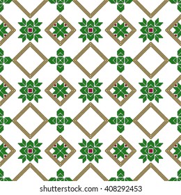 Seamless pattern of pixel mosaic design as textiles, presentations, wallpapers. Vector Image. Gold and green color