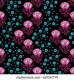 Seamless pattern with pixel octopus, vector illustration