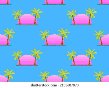 Seamless pattern with pixel palm trees at sunrise in 80s style. 8-bit sun synthwave and retrowave. Retro 8-bit video game. Design for printing, wrapping paper and advertising. Vector illustration