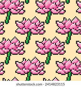 seamless pattern pixel pink lotus flower isolated on background