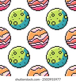 Seamless Pattern with Pixel Planets on White Background. Space concept. Vector illustration