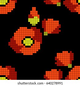 Seamless pattern with pixel poppy flower, vector illustration
