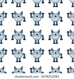 seamless pattern pixel robot with 3 different styles with a cheerful face on a white background