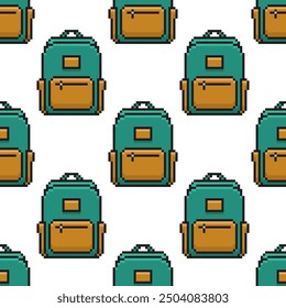 Patrón sin fisuras con la mochila de la escuela del pixel en el fondo blanco. Fondo de pantalla con mochila. Ilustración vectorial