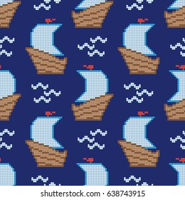 Seamless pattern with pixel ship, vector illustration