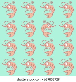Seamless pattern with pixel shrimp, vector illustration