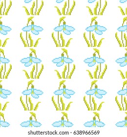 Seamless pattern with pixel snowdrop flower, vector illustration