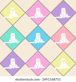 Seamless pattern pixel white cat in pastel