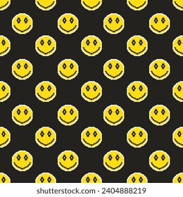 Seamless pattern with pixel yellow smile in trendy retro 8bit style.Vector illustration