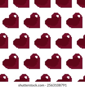 Seamless pattern of pixelated 8-bit red hearts against a white backdrop. Pixelated style infuses a retro, nostalgic vibe reminiscent of classic games. Wallpaper of Valentine Day, fabric applications.