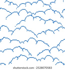 Seamless pattern with pixelated blue clouds on a white background, pixel style, endless pixel cloudscape in blue hues on crisp white background, perfect for contemporary digital projects, minimalist