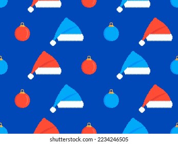Seamless pattern with pixelated Christmas balls and Santa hat. Xmas hat and Christmas tree decoration pixel art style. 8-bit graphic from 80s. Design for wallpaper and wallpaper. Vector illustration