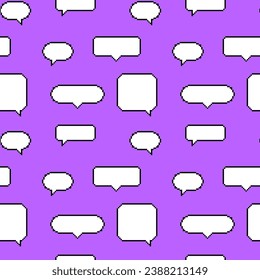 Seamless pattern of pixelated dialog boxes in 8-bit style on a bright purple background. Pop-up dialogue clouds of different shapes and sizes, elements of a retro game.