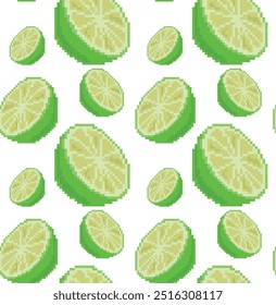 Seamless pattern of pixelated halves of ripe lime in vector. Perfect for tropical designs, packaging, textiles and creative digital projects.