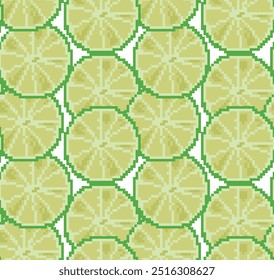 Seamless pattern of pixelated round lime slices in vector. Perfect for tropical designs, packaging, textiles and creative digital projects.