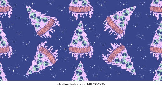 seamless pattern pizza with aliens, ufo