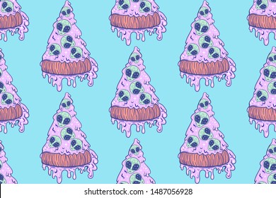 seamless pattern pizza with aliens, ufo