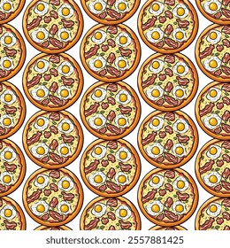 Seamless pattern Pizza with bacon and egg, greens, vector illustration