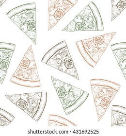 Seamless pattern pizza with bacon sketch