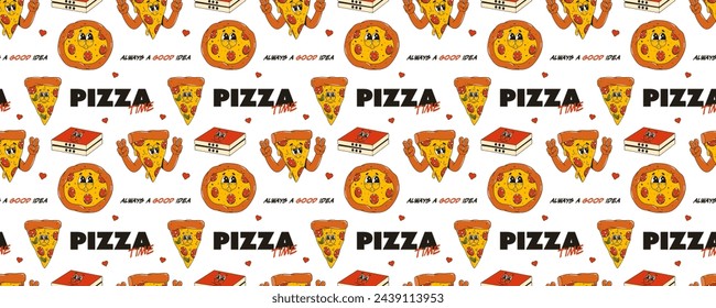 Seamless pattern with pizza. Can be used for pizza delivery boxes, wrapping paper, and more. Trendy retro groovy 70s-80s style.