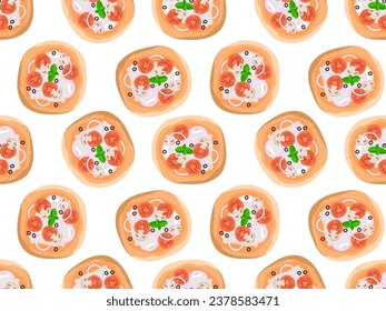 Seamless pattern with Pizza cartoon flat vector illustration. Italian cuisine pizza with tomato, onion, mushroom, mozzarella, basil for cafe menu. Repeated background for textile, paper, wallpaper.