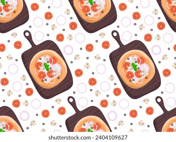 Seamless pattern with Pizza cartoon flat vector illustration for wallpaper. Traditional italian dish. Board Serving pizza. Pastry food print for menu