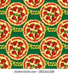 seamless pattern of pizza cartoon letters on a green background. Vector image eps 10