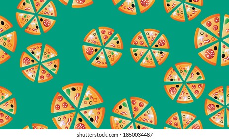 seamless pattern of pizza cartoon letters on a green background. Vector image.