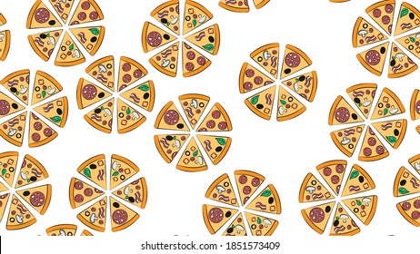seamless pattern of pizza cartoon letters on a white background. Vector image eps 10.