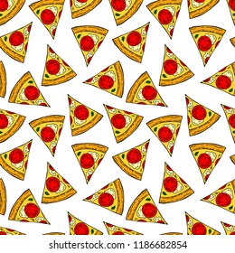 Seamless pattern of pizza in cartoon style. Perfect for menu, card, textile design