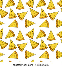 Seamless pattern of pizza in cartoon style. Perfect for menu, card, textile design