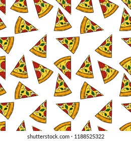 Seamless pattern of pizza in cartoon style. Perfect for menu, card, textile design