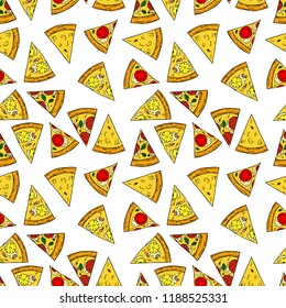 Seamless pattern of pizza in cartoon style. Perfect for menu, card, textile design