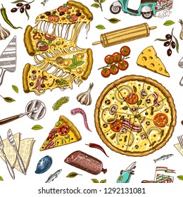 Seamless pattern pizza with cheese. Texture for background. Yummy italian vegetarian food with tomatoes, Seafood and olives. Hand drawn Sketch Vintage style.