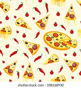 Seamless pattern of pizza, chili peppers and tomatoes in a flat style. 